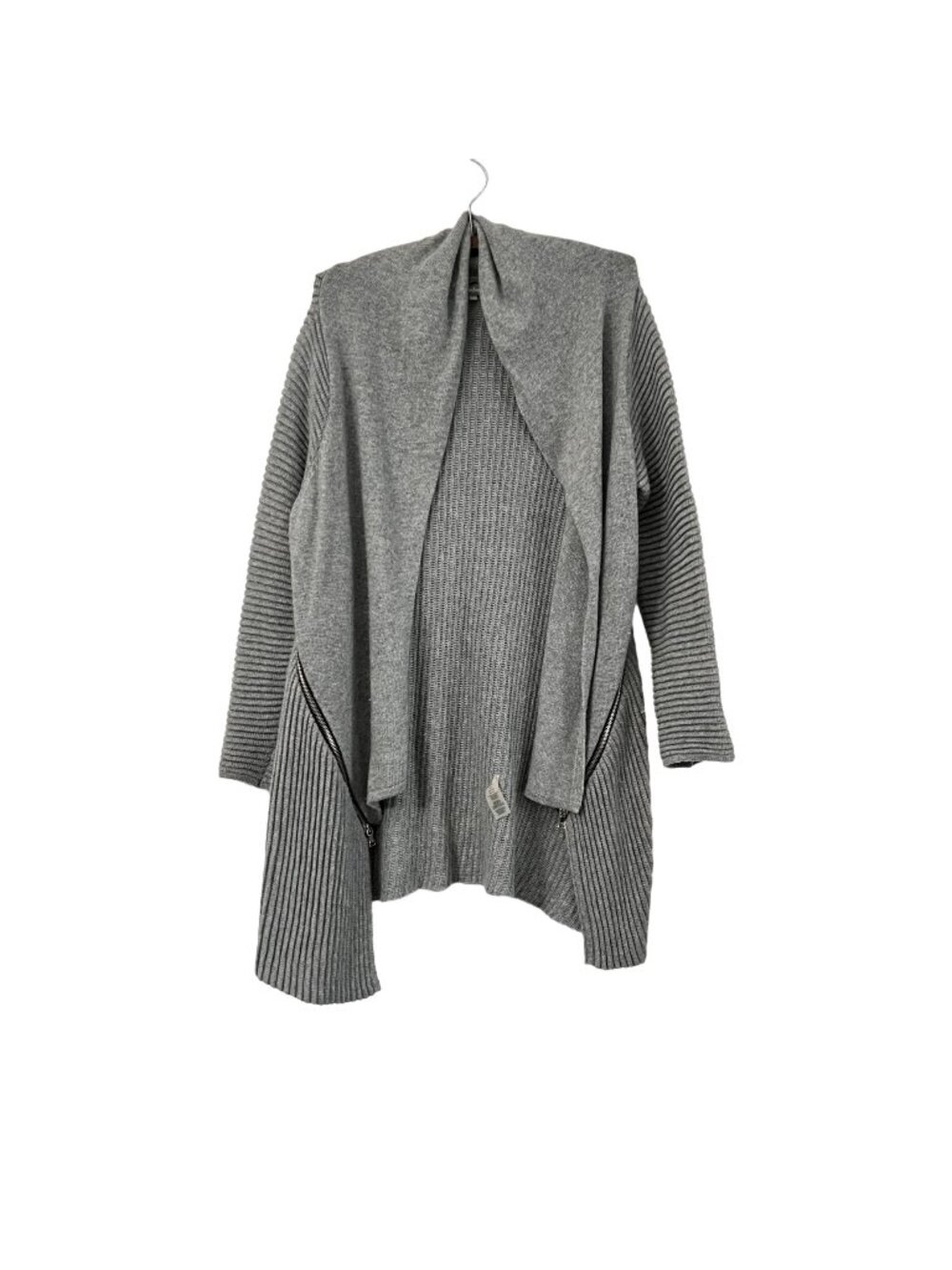 Neiman Marcus Womens Ribbed Asymmetrical Zipper Wool Cashmere Open Cardigan Sz L